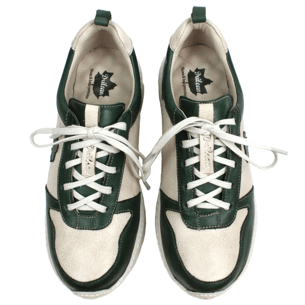 Tênis Feminino em Couro Legítimo com Palmilha em Gel - Bicolor Off/Verde - Sola Off (CAF001)