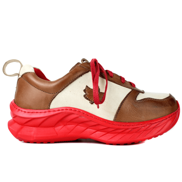 Tênis Feminino em Couro Legítimo com Palmilha em Gel - Off White /Castanho - Sola Vermelha (CAF001) 