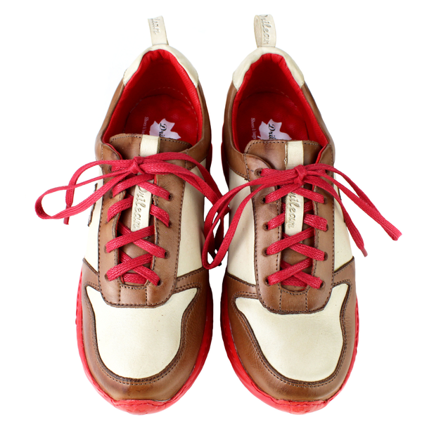 Tênis Feminino em Couro Legítimo com Palmilha em Gel - Off White /Castanho - Sola Vermelha (CAF001) 