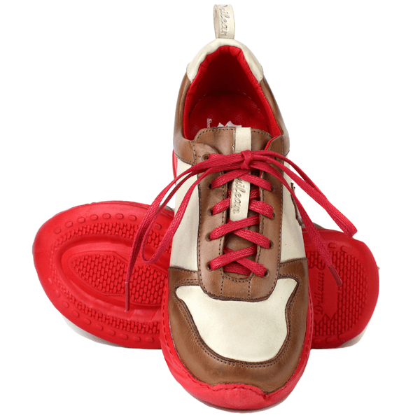 Tênis Feminino em Couro Legítimo com Palmilha em Gel - Off White /Castanho - Sola Vermelha (CAF001) 