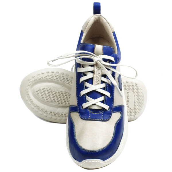 Tênis Feminino em Couro Legítimo com Palmilha em Gel - Off White/Royal - Sola Off (CAF001)
