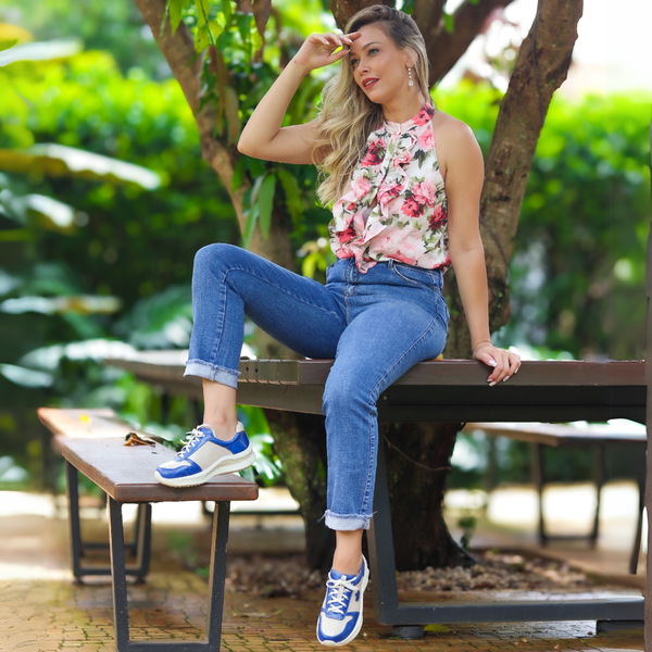 Tênis Feminino em Couro Legítimo com Palmilha em Gel - Off White/Royal - Sola Off (CAF001)