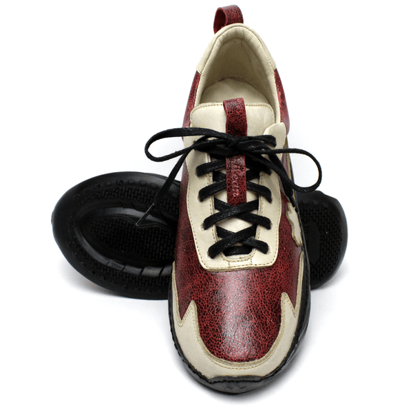 Tênis Feminino em Couro Legítimo com Palmilha em Gel - Bicolor Vermelho/Off White - Sola Preta (CAF002)
