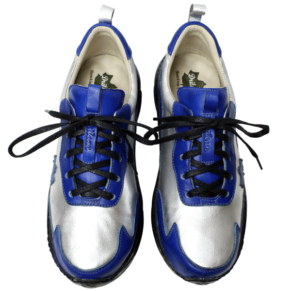 Tênis Feminino em Couro Legítimo com Palmilha em Gel - Prata/Royal - Sola Preta (CAF002)