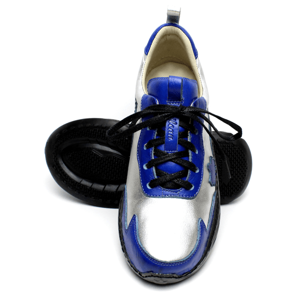 Tênis Feminino em Couro Legítimo com Palmilha em Gel - Prata/Royal - Sola Preta (CAF002)
