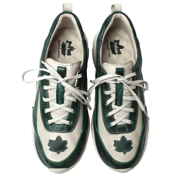 Tênis Feminino em Couro Legítimo com Palmilha em Gel - Off White/Bicolor Verde - Sola Off (CAF003)