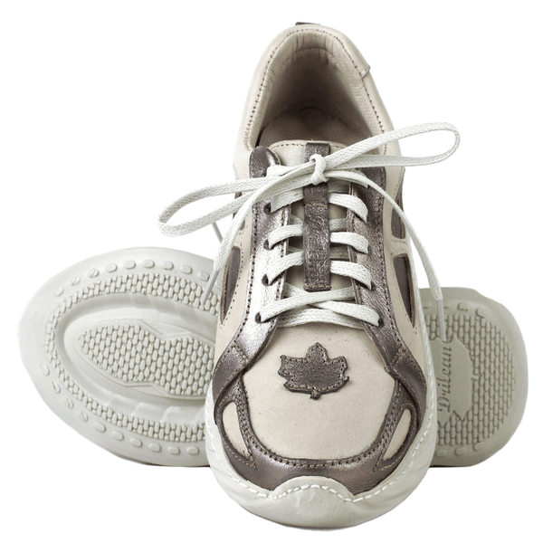 Tênis Feminino em Couro Legítimo com Palmilha em Gel - Off White /Onix - Sola Off (CAF004)