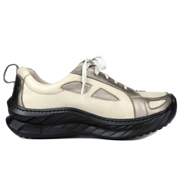 Tênis Feminino em Couro Legítimo com Palmilha em Gel - Off /Onix - Sola Preta (CAF004) 