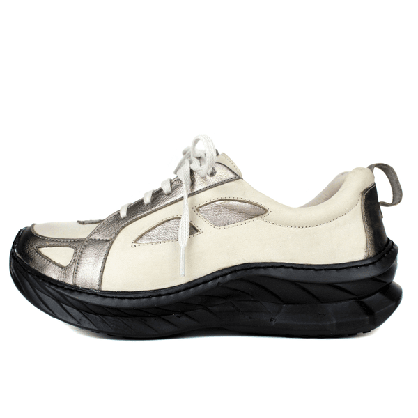 Tênis Feminino em Couro Legítimo com Palmilha em Gel - Off /Onix - Sola Preta (CAF004) 
