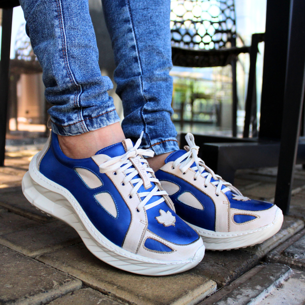 Tênis Feminino em Couro Legítimo com Palmilha em Gel - Royal - Off White - Sola Off (CAF004)