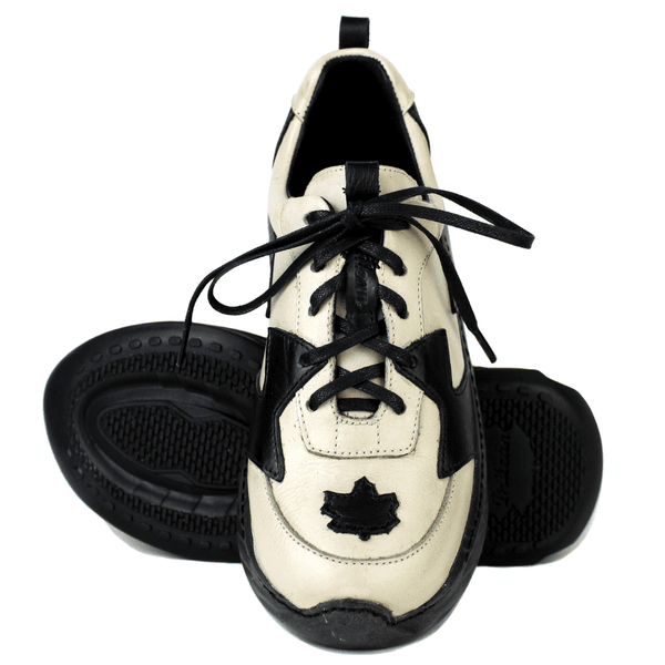 Tênis Feminino em Couro Legítimo com Palmilha em Gel - Off /Preto - Sola Preta (CAF005) 