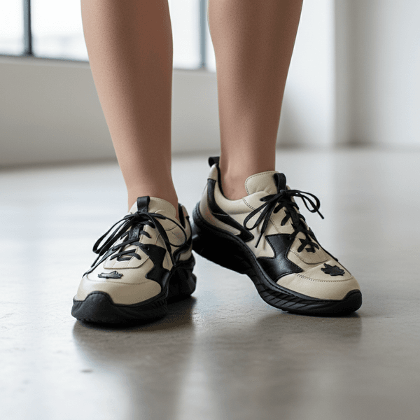 Tênis Feminino em Couro Legítimo com Palmilha em Gel - Off /Preto - Sola Preta (CAF005) 