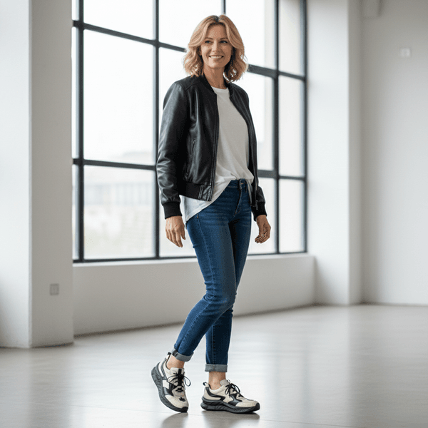 Tênis Feminino em Couro Legítimo com Palmilha em Gel - Off /Preto - Sola Preta (CAF005) 