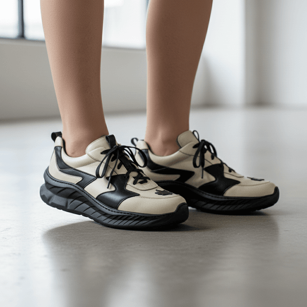 Tênis Feminino em Couro Legítimo com Palmilha em Gel - Off /Preto - Sola Preta (CAF005) 