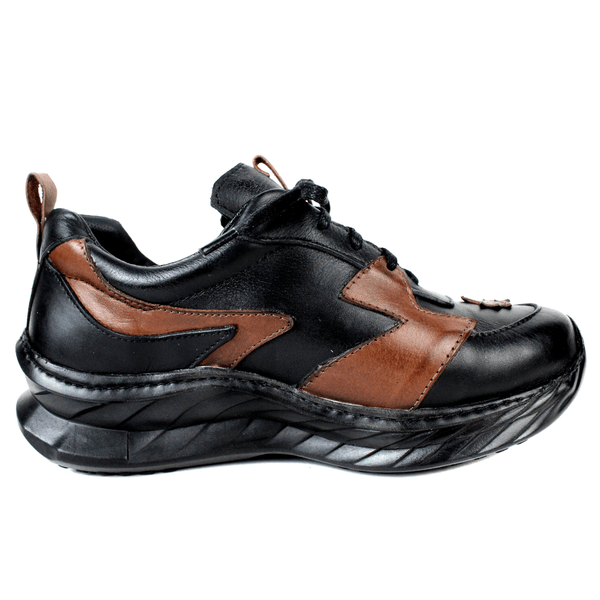 Tênis Feminino em Couro Legítimo com Palmilha em Gel - Preto - Castanho - Sola Preta (CAF005)