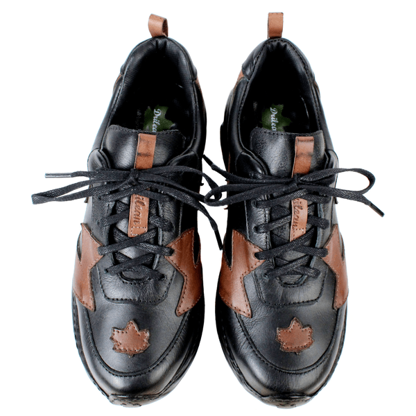 Tênis Feminino em Couro Legítimo com Palmilha em Gel - Preto - Castanho - Sola Preta (CAF005)