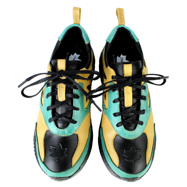 Tênis Feminino em Couro Legítimo com Palmilha em Gel - Amarelo /Oceano /Preto - Sola Preta (CAF006)