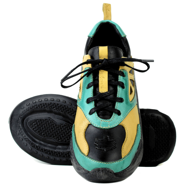 Tênis Feminino em Couro Legítimo com Palmilha em Gel - Amarelo /Oceano /Preto - Sola Preta (CAF006)