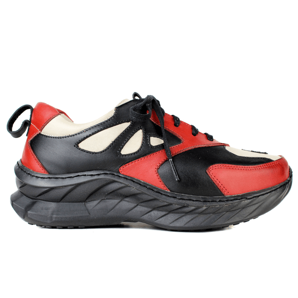 Tênis Feminino em Couro Legítimo com Palmilha em Gel - Preto /Vermelho /Off - Sola Preta (CAF006)