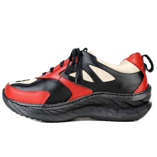 Tênis Feminino em Couro Legítimo com Palmilha em Gel - Preto /Vermelho /Off - Sola Preta (CAF006)