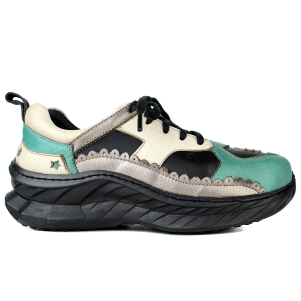 Tênis Feminino em Couro Legítimo com Palmilha em Gel - Preto /Oceano /Bic. Off /Onix - Sola Preta (CAF007)