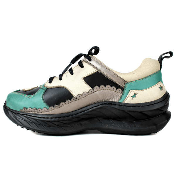 Tênis Feminino em Couro Legítimo com Palmilha em Gel - Preto /Oceano /Bic. Off /Onix - Sola Preta (CAF007)