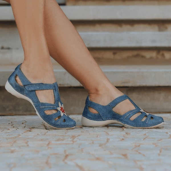 Sapatilha Feminina em Couro Legítimo e Palmilha Gel - Bicolor Azul - Off - Vermelho (AL016)