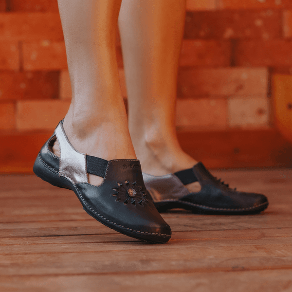 Sapatilha Feminina em Couro Legítimo e Palmilha Gel - Preto - Metalizado Onix (AL025)