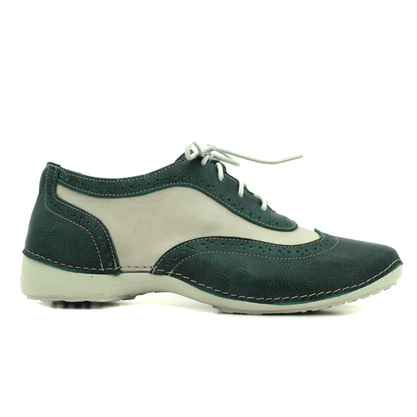 Tênis Feminino de Couro Legítimo com Palmilha em Gel - Bicolor Verde - Off White (AL033)