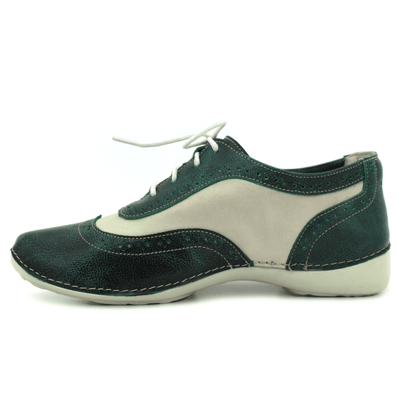 Tênis Feminino de Couro Legítimo com Palmilha em Gel - Bicolor Verde - Off White (AL033)
