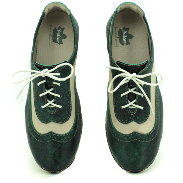Tênis Feminino de Couro Legítimo com Palmilha em Gel - Bicolor Verde - Off White (AL033)