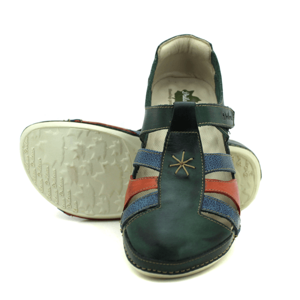 Sandália Bem-Estar Ortopédica em Couro Legítimo - Verde - Bicolor Azul - Coral - Sola Off - (BE012)