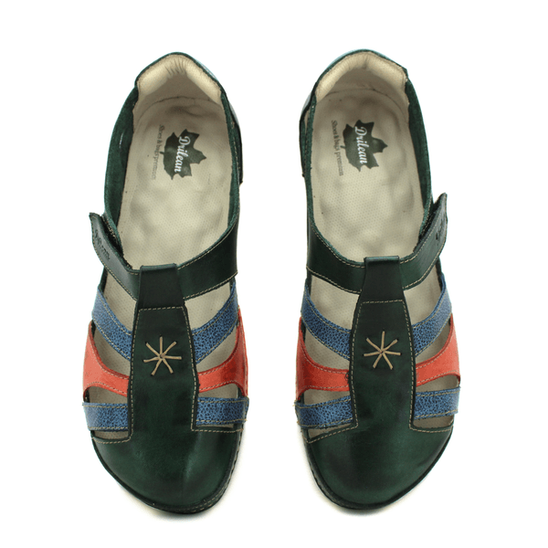 Sandália Bem-Estar Ortopédica em Couro Legítimo - Verde - Bicolor Azul - Coral - Sola Off - (BE012)
