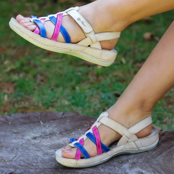 Sandália Bem-Estar Ortopédica em Couro Legítimo - Bicolor Off - Violeta - Royal - Sola Off (BE035)