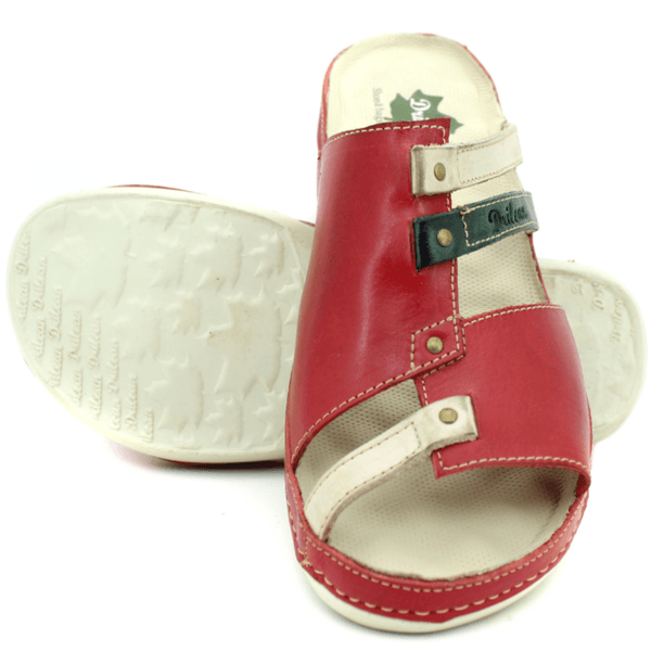 Sandália Bem-Estar Ortopédica em Couro Legítimo - Vermelho - Off White - Verde - Sola Off (BE039)