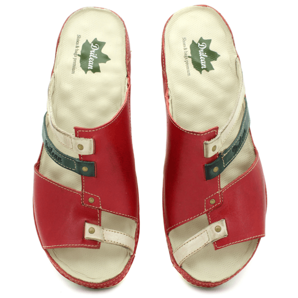 Sandália Bem-Estar Ortopédica em Couro Legítimo - Vermelho - Off White - Verde - Sola Off (BE039)