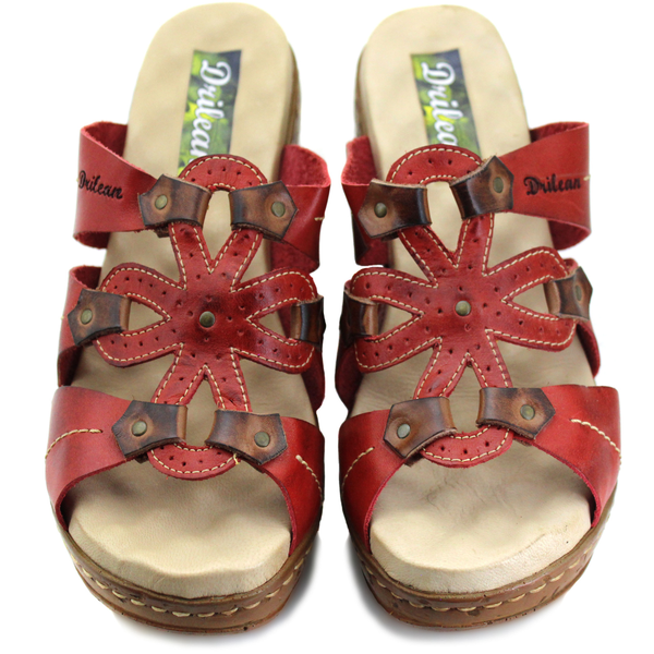 Sandália Anabela Feminina de Couro Legítimo com Palmilha Gel - Vermelho - Castanho - 35 (NI024) OUTLET