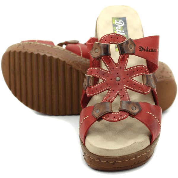 Sandália Anabela Feminina de Couro Legítimo com Palmilha Gel - Vermelho - Castanho (NI024)