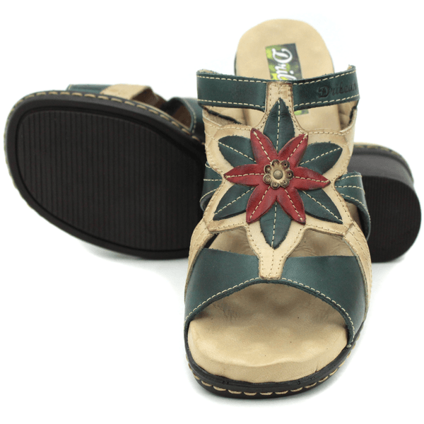 Sandália Feminina de Salto em Couro Legítimo e Palmilha em Gel - Verde - Off - Vermelho - 35 (BR010) OUTLET