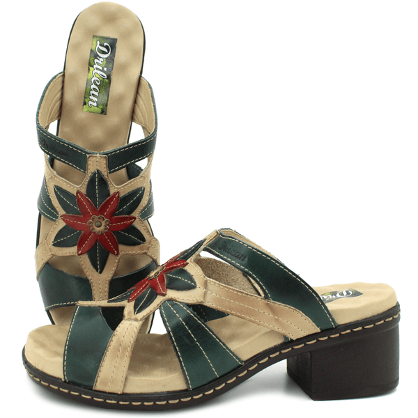 Sandália Feminina de Salto em Couro Legítimo e Palmilha em Gel - Verde - Off - Vermelho (BR010)