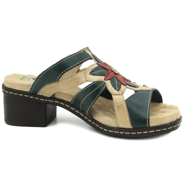 Sandália Feminina de Salto em Couro Legítimo e Palmilha em Gel - Verde - Off - Vermelho (BR010)