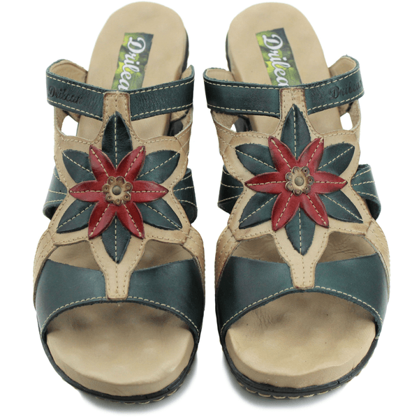 Sandália Feminina de Salto em Couro Legítimo e Palmilha em Gel - Verde - Off - Vermelho (BR010)