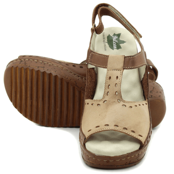 Sandália Anabela Feminina de Couro Legítimo - Castanho - Caramelo - 36 (NI040) OUTLET