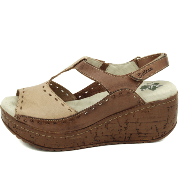 Sandália Anabela Feminina de Couro Legítimo - Castanho - Caramelo - 36 (NI040) OUTLET