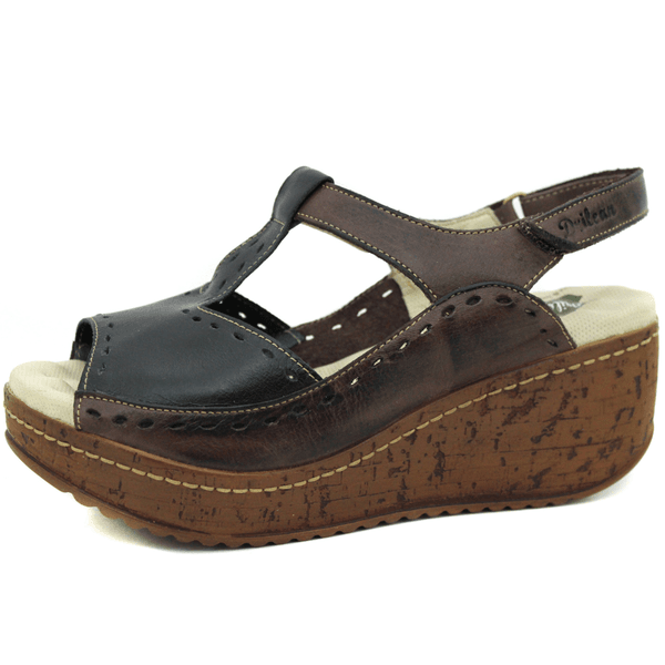 Sandália Anabela Feminina de Couro Legítimo - Café - Preto - 37 (NI040) OUTLET