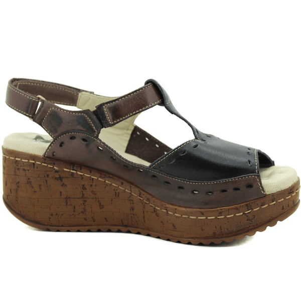 Sandália Anabela Feminina de Couro Legítimo - Café - Preto - 37 (NI040) OUTLET