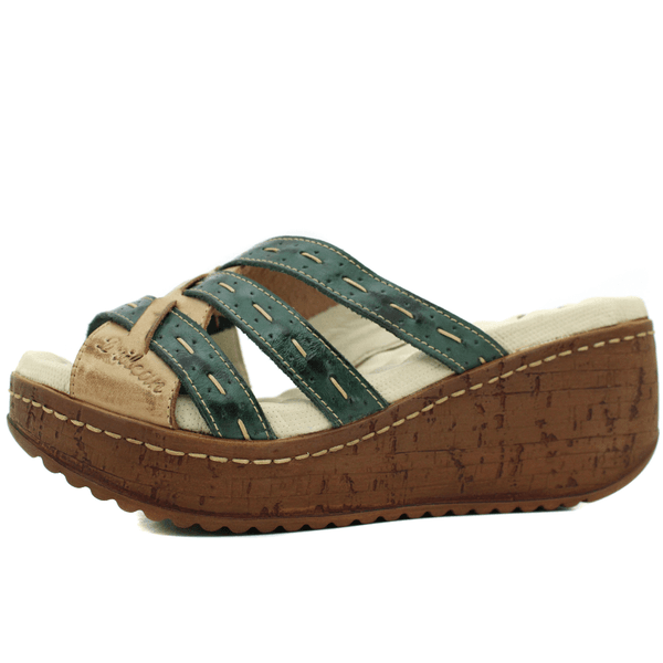 Sandália Anabela Feminina de Couro Legítimo - Caramelo - Verde (NI038)