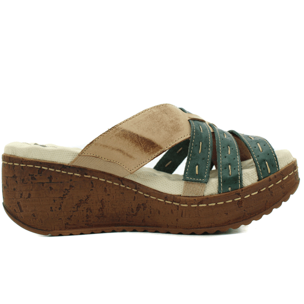 Sandália Anabela Feminina de Couro Legítimo - Caramelo - Verde (NI038)