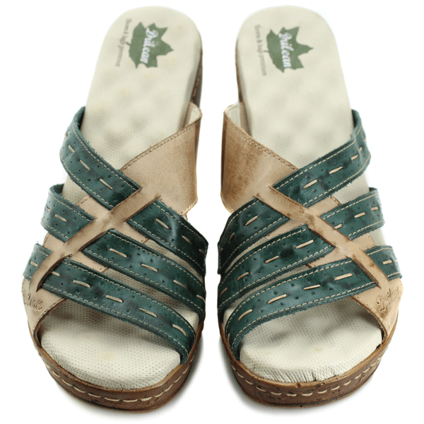 Sandália Anabela Feminina de Couro Legítimo - Caramelo - Verde (NI038)