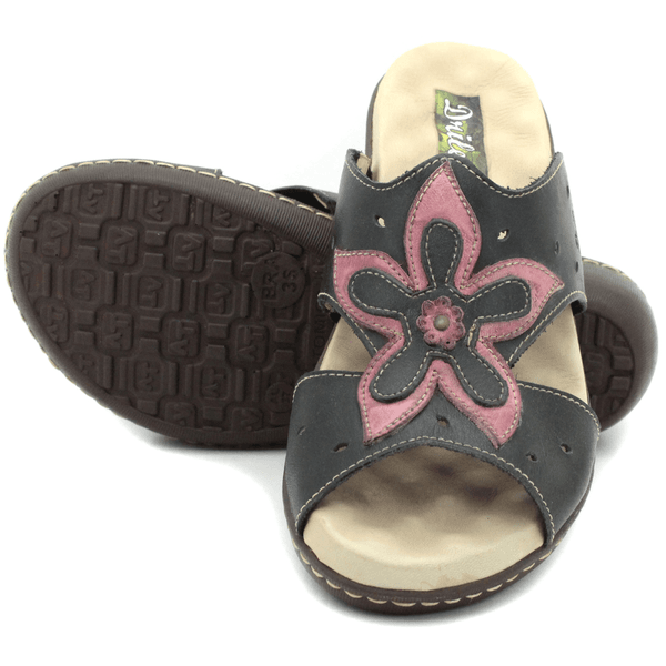 Sandália Feminina Anatômica em Couro Legítimo e Palmilha Gel - Preto - Berinjela - Sola Café - 35 (MA020) OUTLET